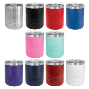 A group of different colored cups sitting next to each other.