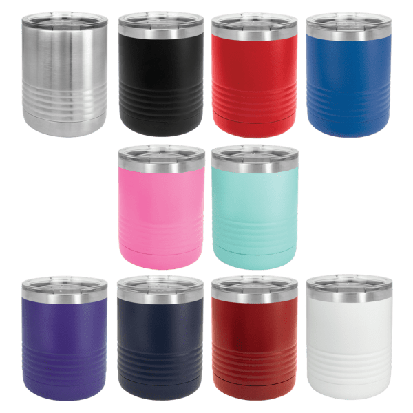 A group of different colored cups sitting next to each other.