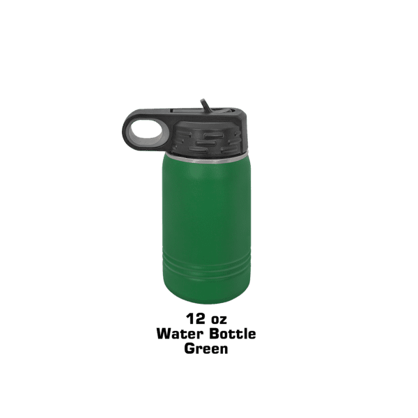 A green thermos is shown on the side of a wall.