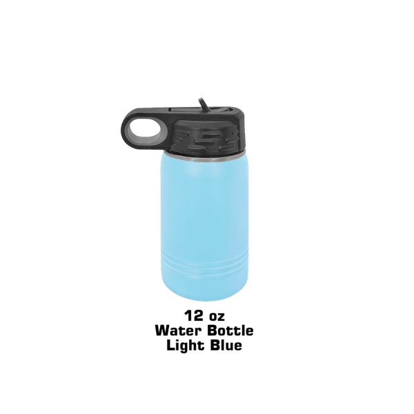 A blue bottle with a black handle and a light bulb on top.