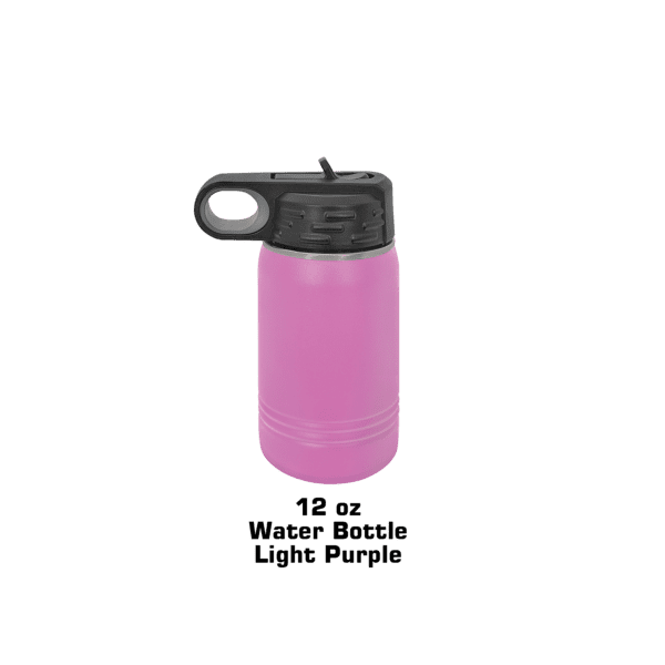 A pink water bottle with a black handle.