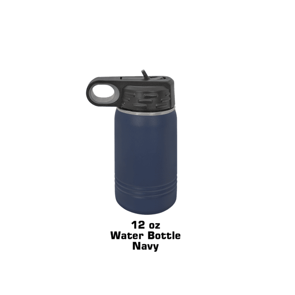 A blue water bottle with a black handle.