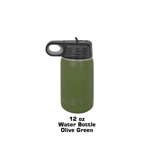 A green water bottle with a black handle.