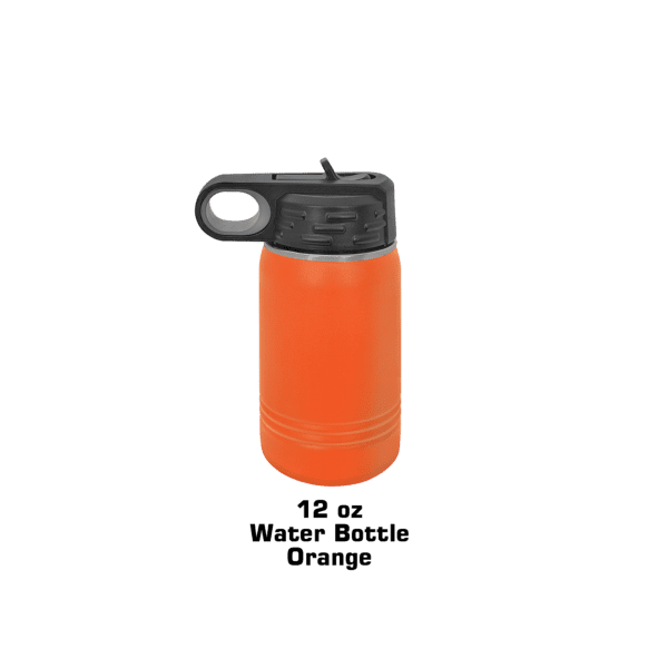 A orange water bottle with a black handle.