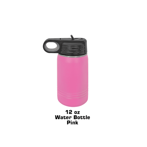 A pink water bottle with a black handle.