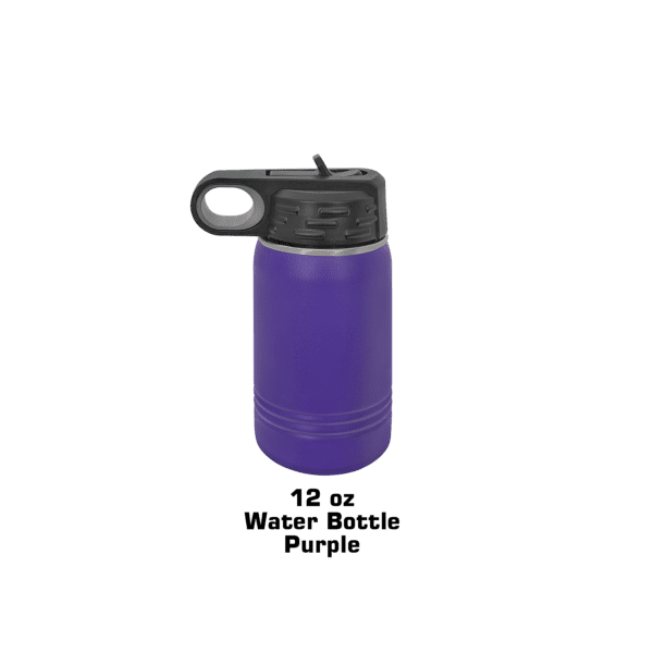 A purple water bottle with a black handle.