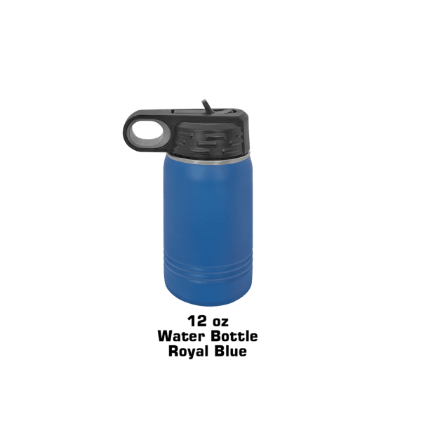 A blue water bottle with a black handle.