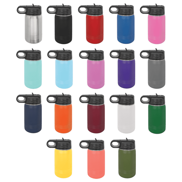 A bunch of different colored water bottles are lined up