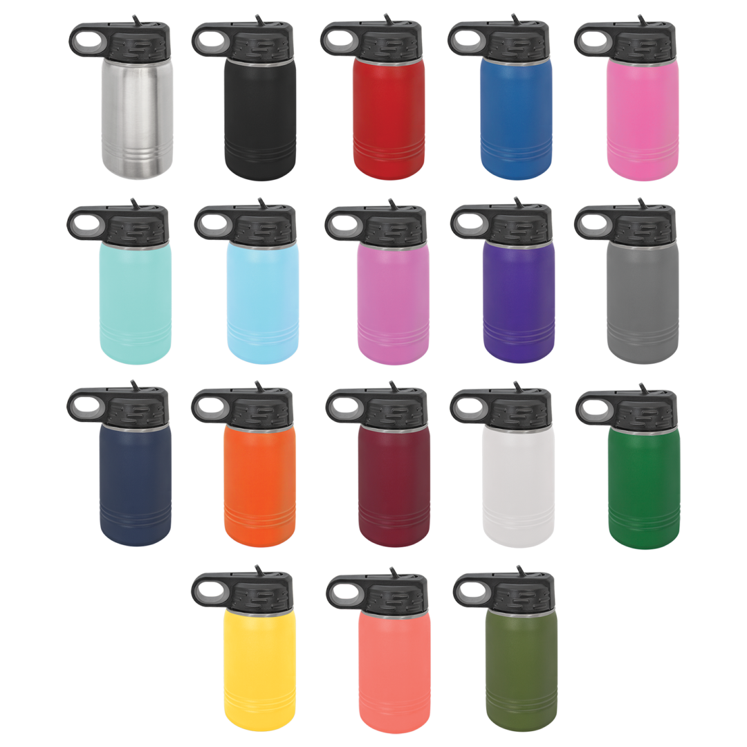 A bunch of different colored water bottles are lined up