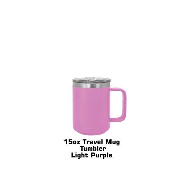 A pink cup with the words " wine travel mug light purple ".