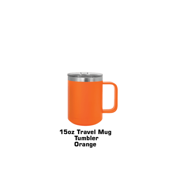 A mug that is orange and has a handle.