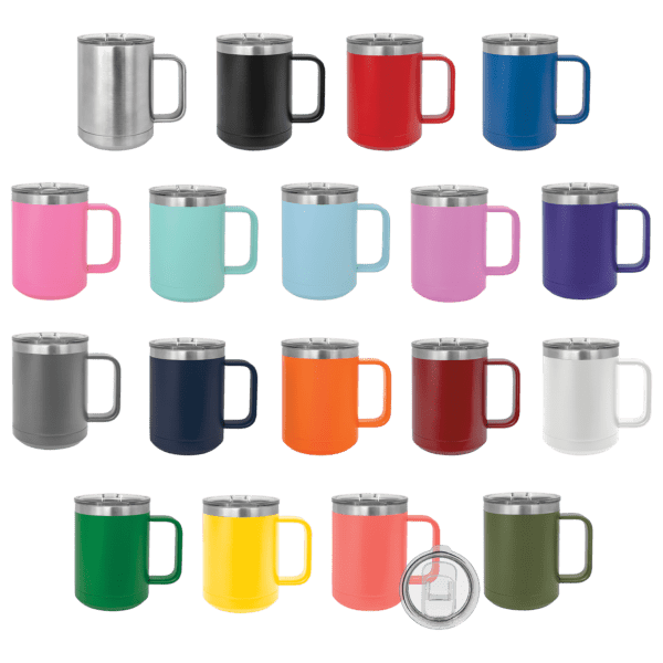 A variety of colored mugs are shown in this image.