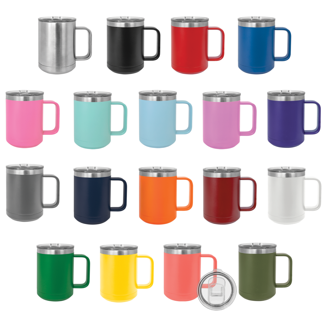 A variety of colored mugs are shown in this image.