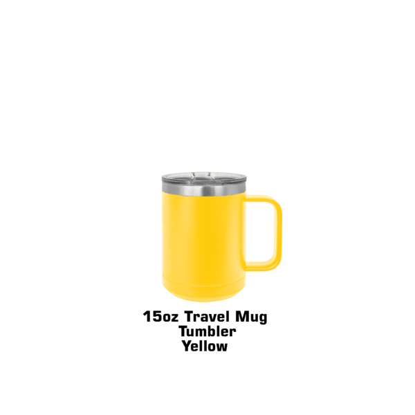 A yellow mug with a silver lid sitting on top of a table.