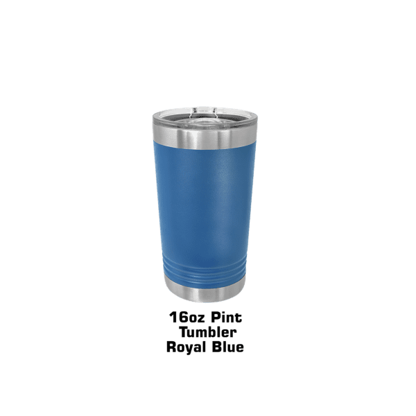 A blue cup with a black handle on top of a green background.