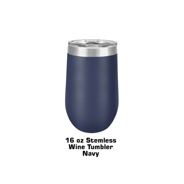 A blue cup with the words " 1 2 oz stainless steel navy ".