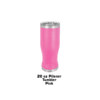 A pink cup is sitting on the ground.