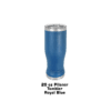 A blue cup with a metal rim on top of it.