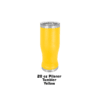A yellow cup of beer is sitting on the ground.
