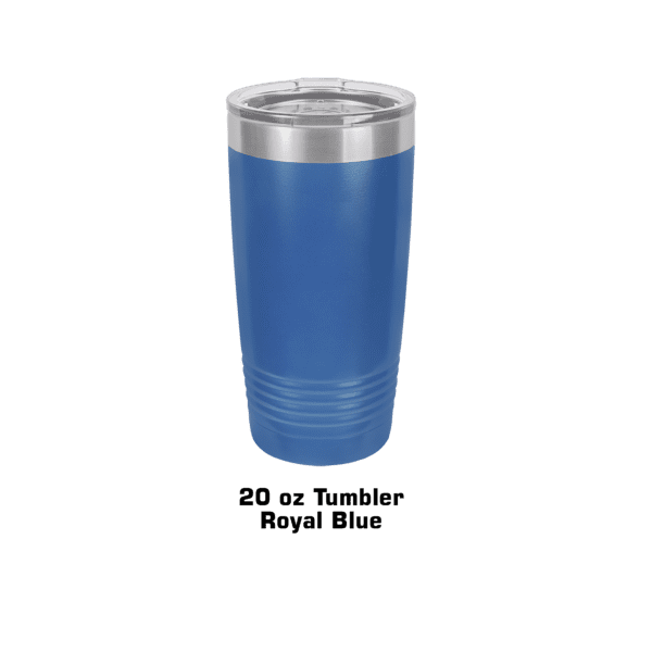 A blue cup with a metal lid on top of a green background.