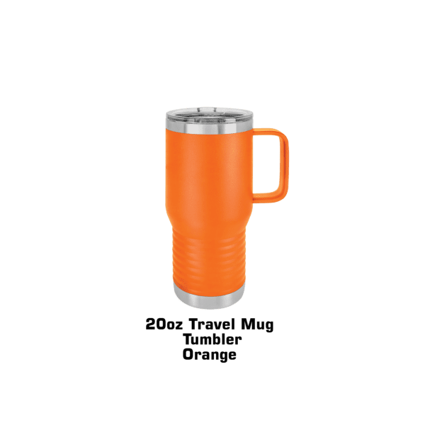 A orange cup with handle on green background.