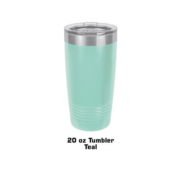 A light blue cup is sitting on the ground.