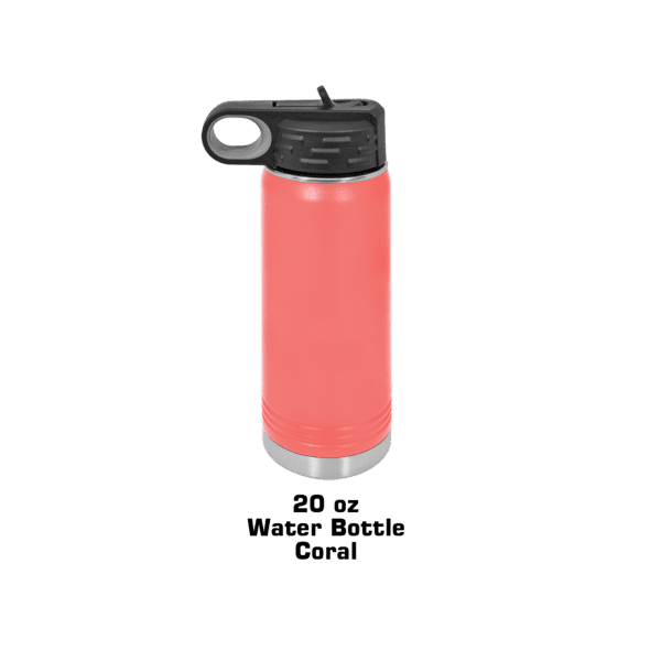 A pink water bottle with a black handle.