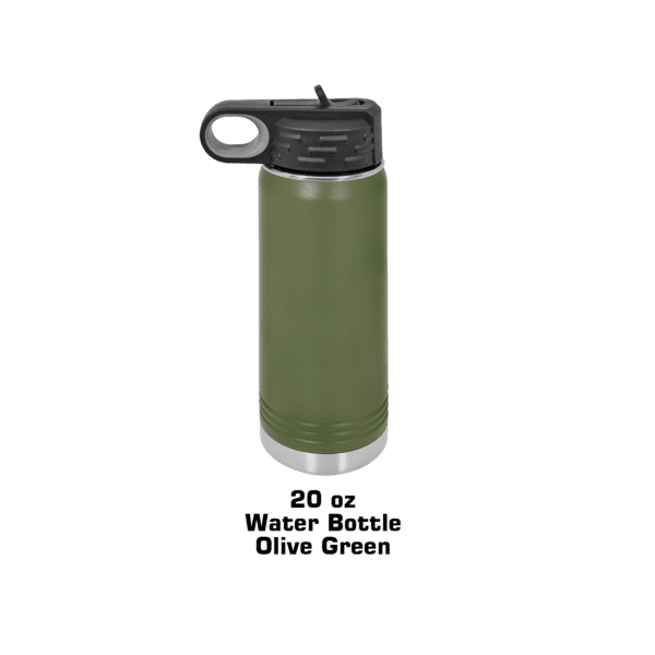 A green water bottle with a black handle.