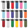 A bunch of different colored water bottles on a green background