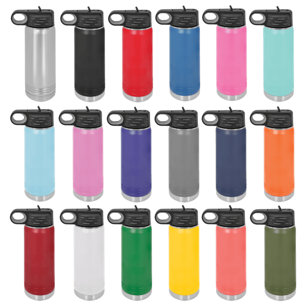 A bunch of different colored water bottles on a green background