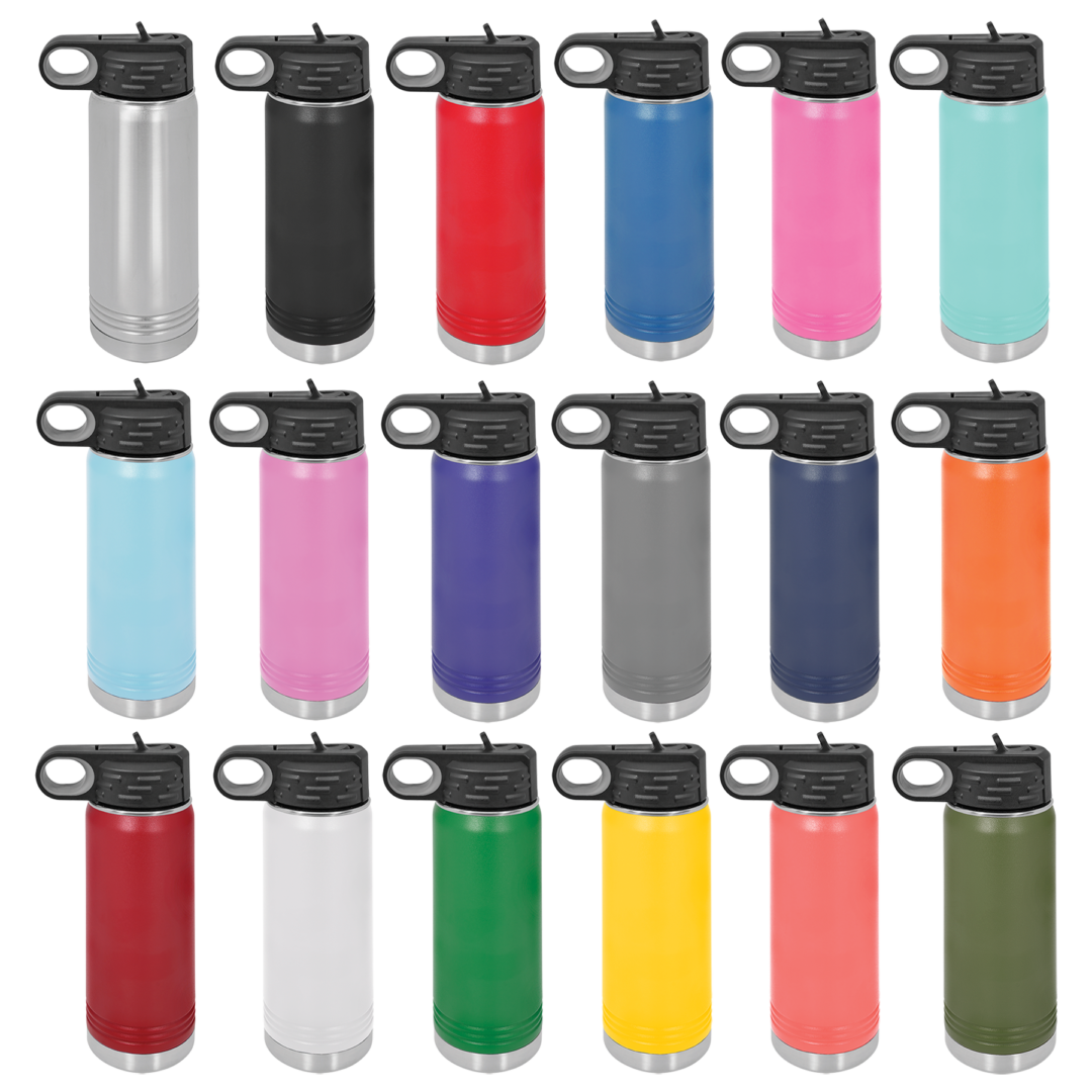 A bunch of different colored water bottles on a green background