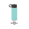 A blue water bottle with a black handle.