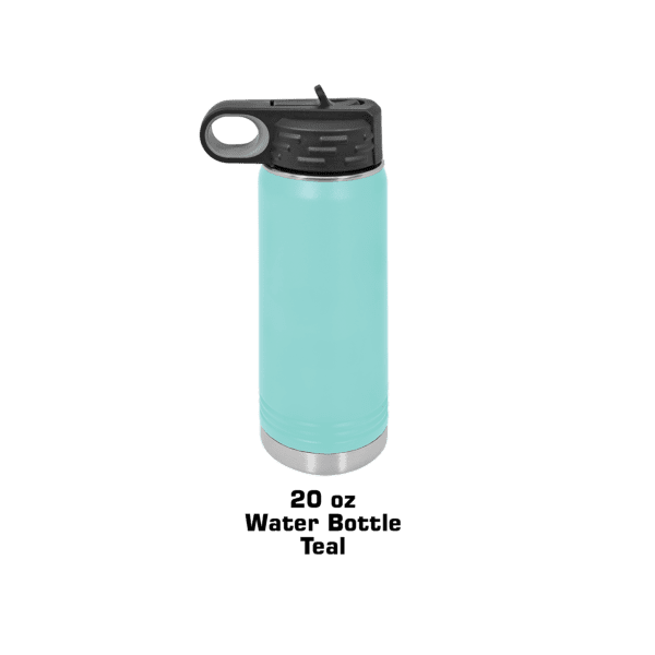 A blue water bottle with a black handle.