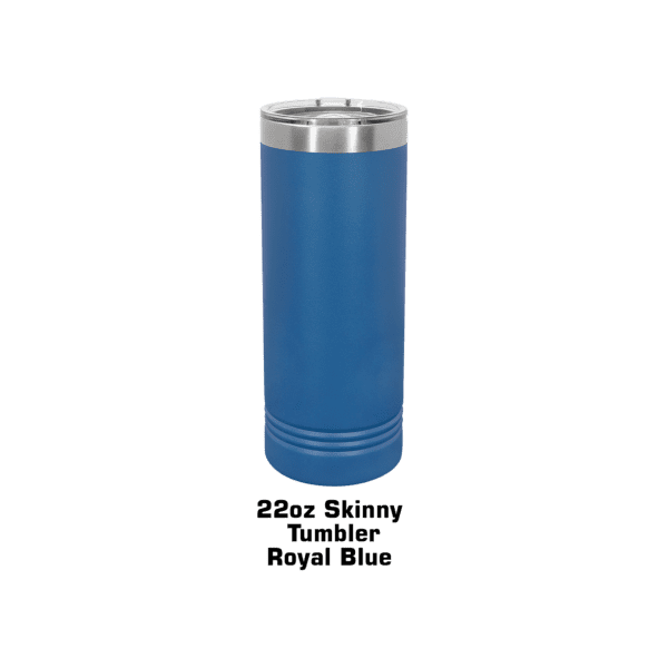 A blue and silver thermos on a green background