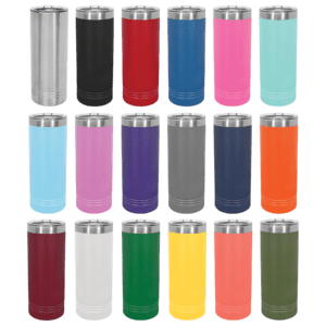 A green background with many different colored cups.