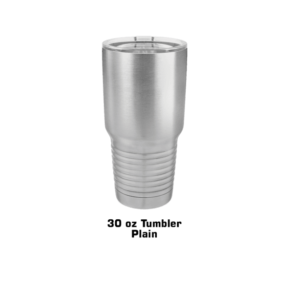 A picture of the side view of a stainless steel tumbler.