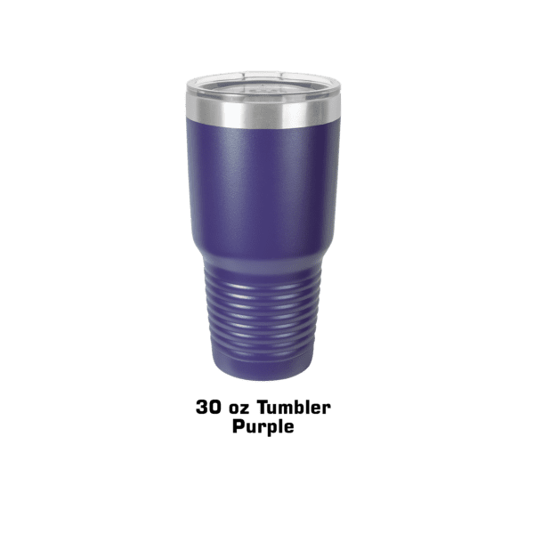 A blue cup with the words " po y tumbler purple ".