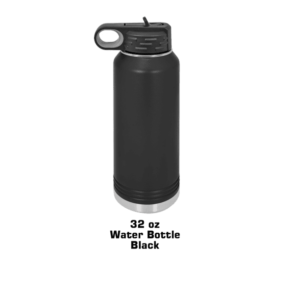 A black water bottle with a handle on top of it.