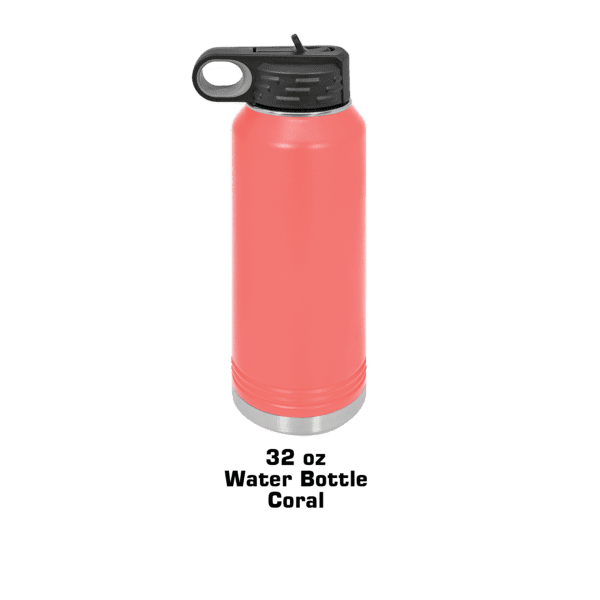 A pink water bottle with a black lid.