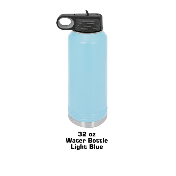 A blue water bottle with a black handle