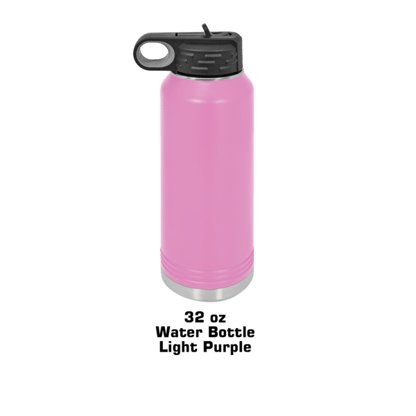 A pink water bottle with a black lid.