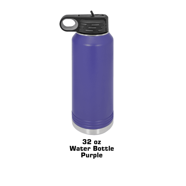 A purple water bottle with a black lid.