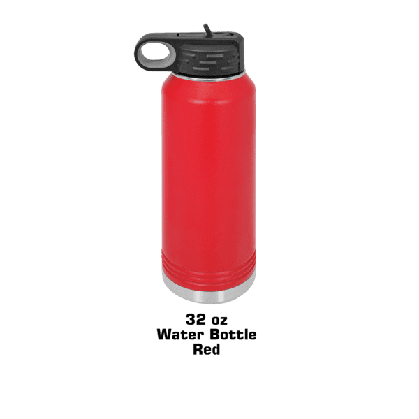 A red water bottle with a black lid.