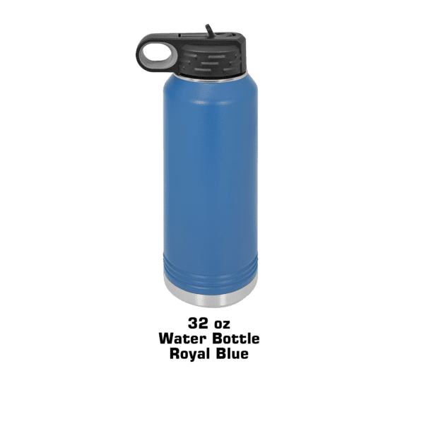 A blue water bottle with a black lid.