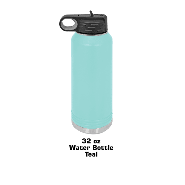 A blue water bottle with a black top.