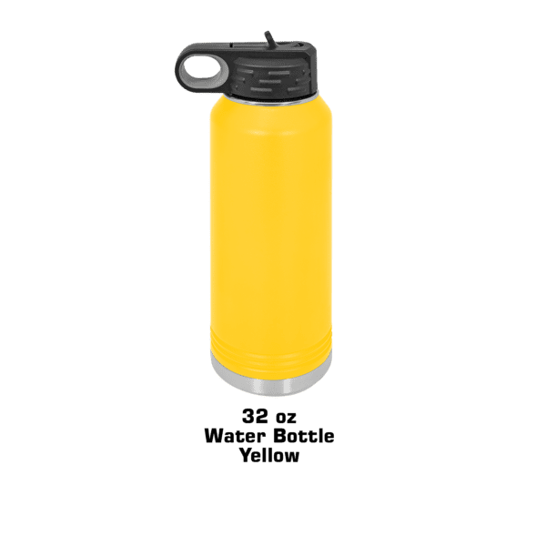 A yellow water bottle with a black lid.