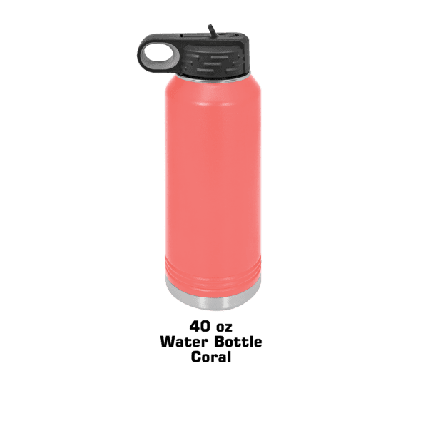 A pink water bottle with a black lid.