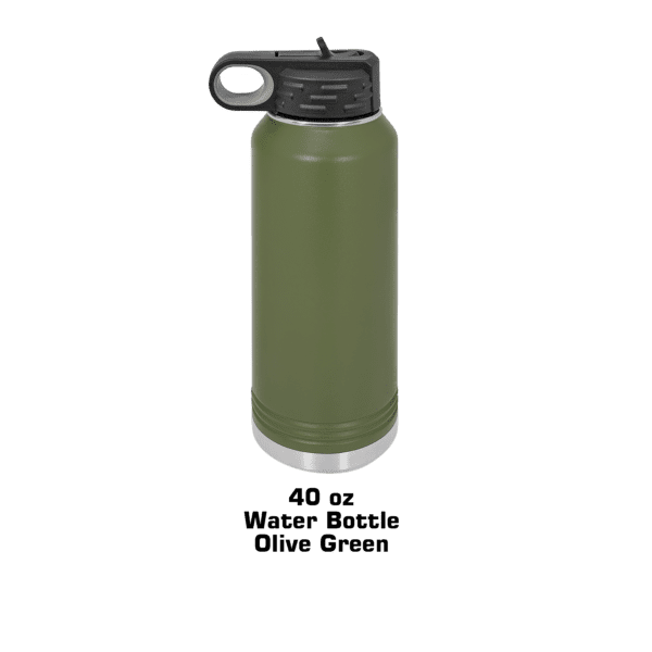 A green water bottle with a black lid.