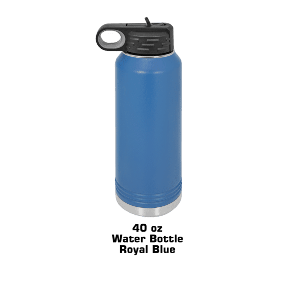 A blue water bottle with a black lid.