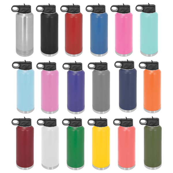 A variety of colors are shown on the water bottle.